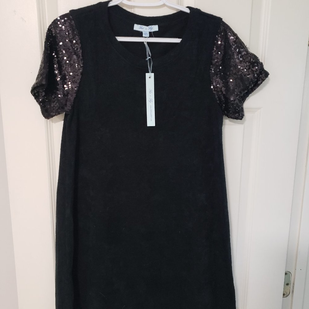 Black Sequin Sleeve Sweater Dress, NWT